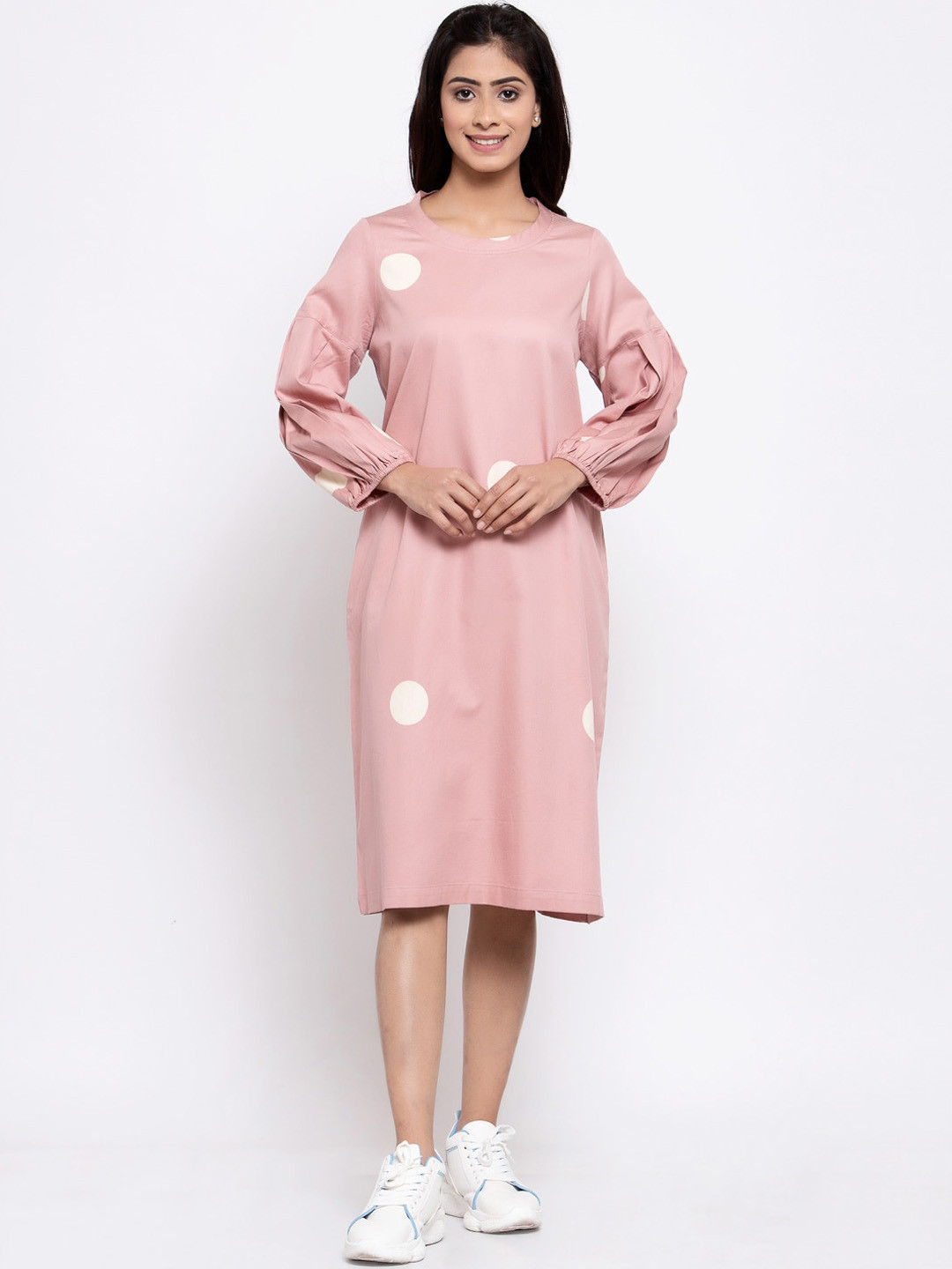 

TERQUOIS Women Pink & White Polka Dot Printed A-Line Dress