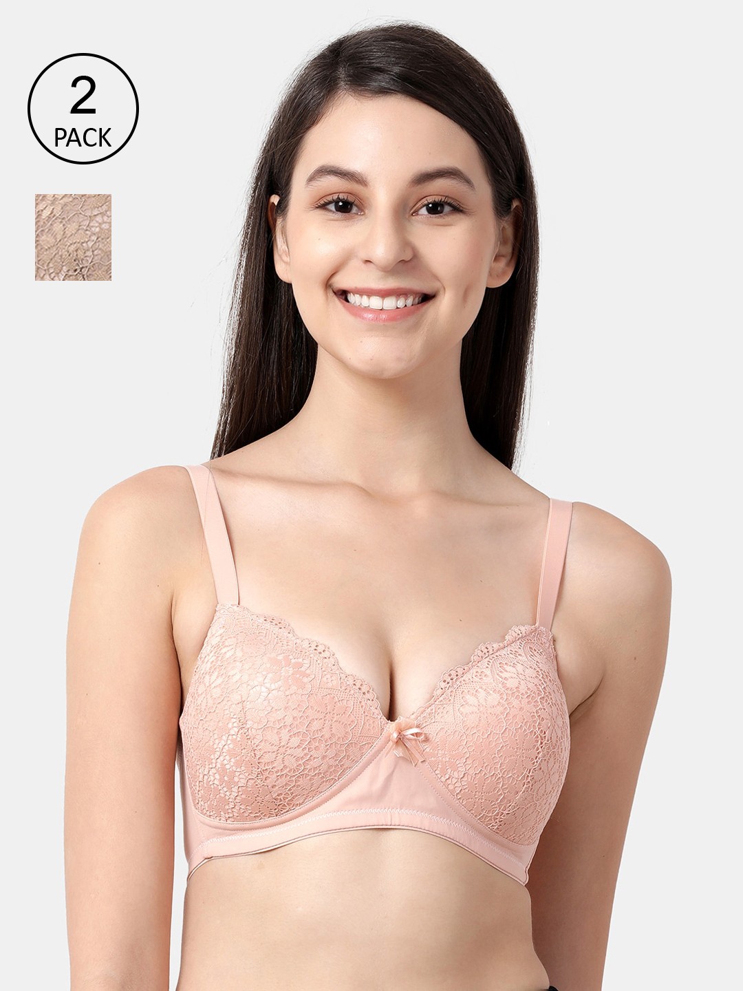 

shyaway Beige & Pink Lace Set of 2 Non-Wired Lightly Padded Everyday Bra