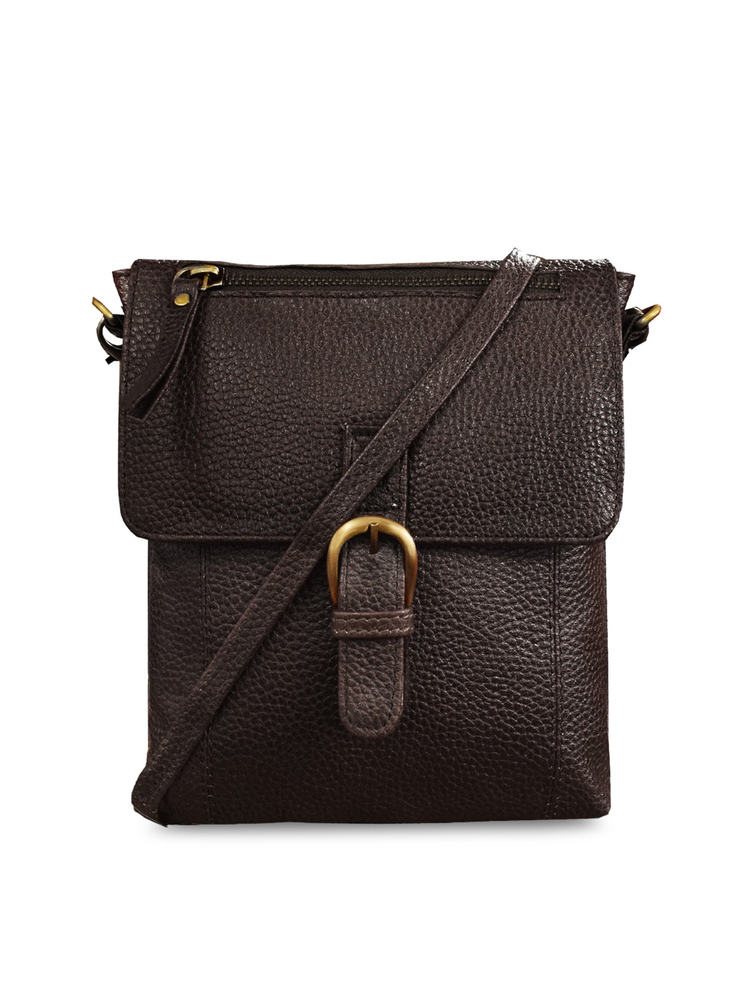 

ABYS Unisex Coffee Brown & Gold-Toned Textured Leather Messenger Bag