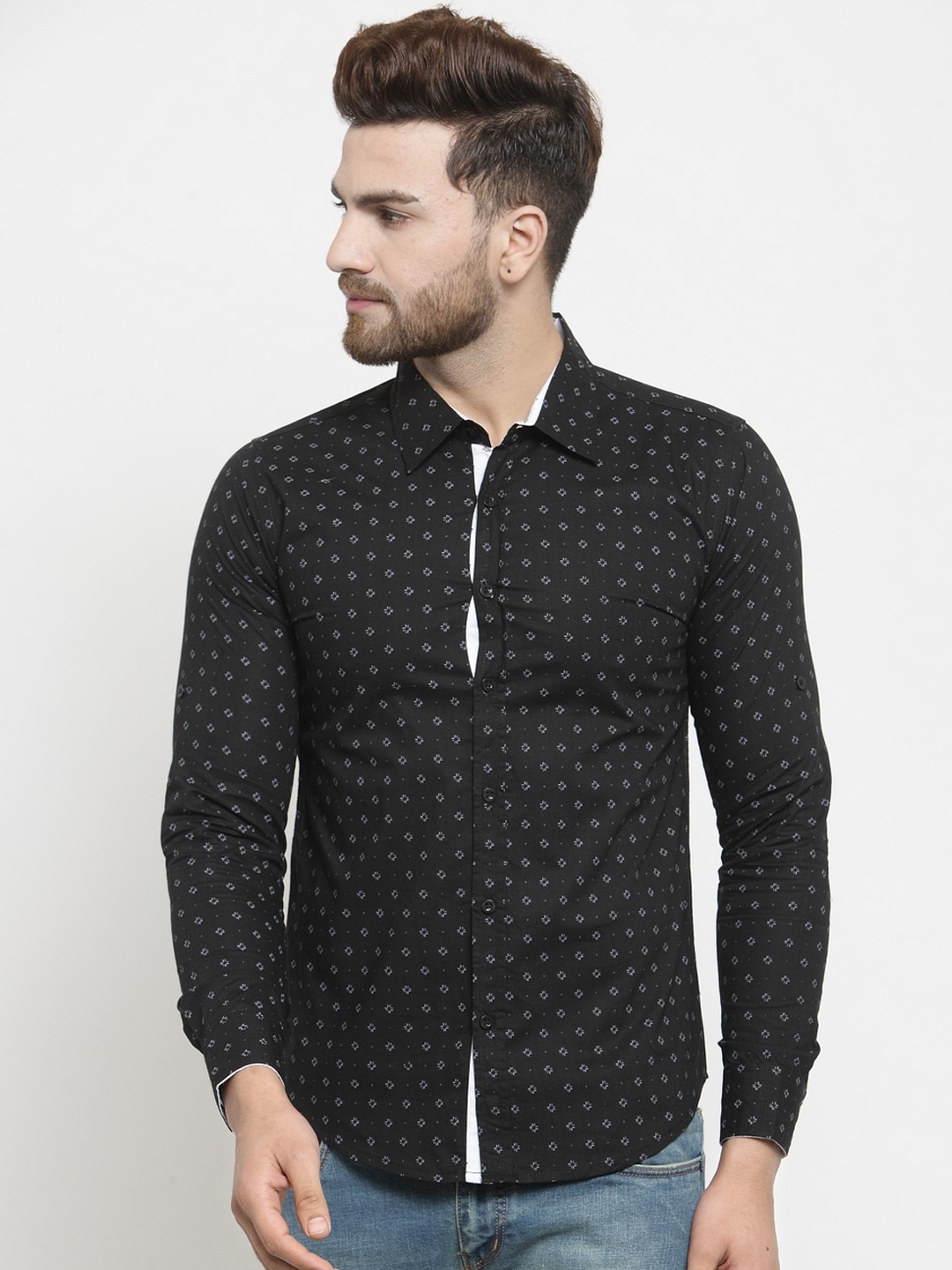 

Purple State Men Black & White Slim Fit Printed Casual Shirt