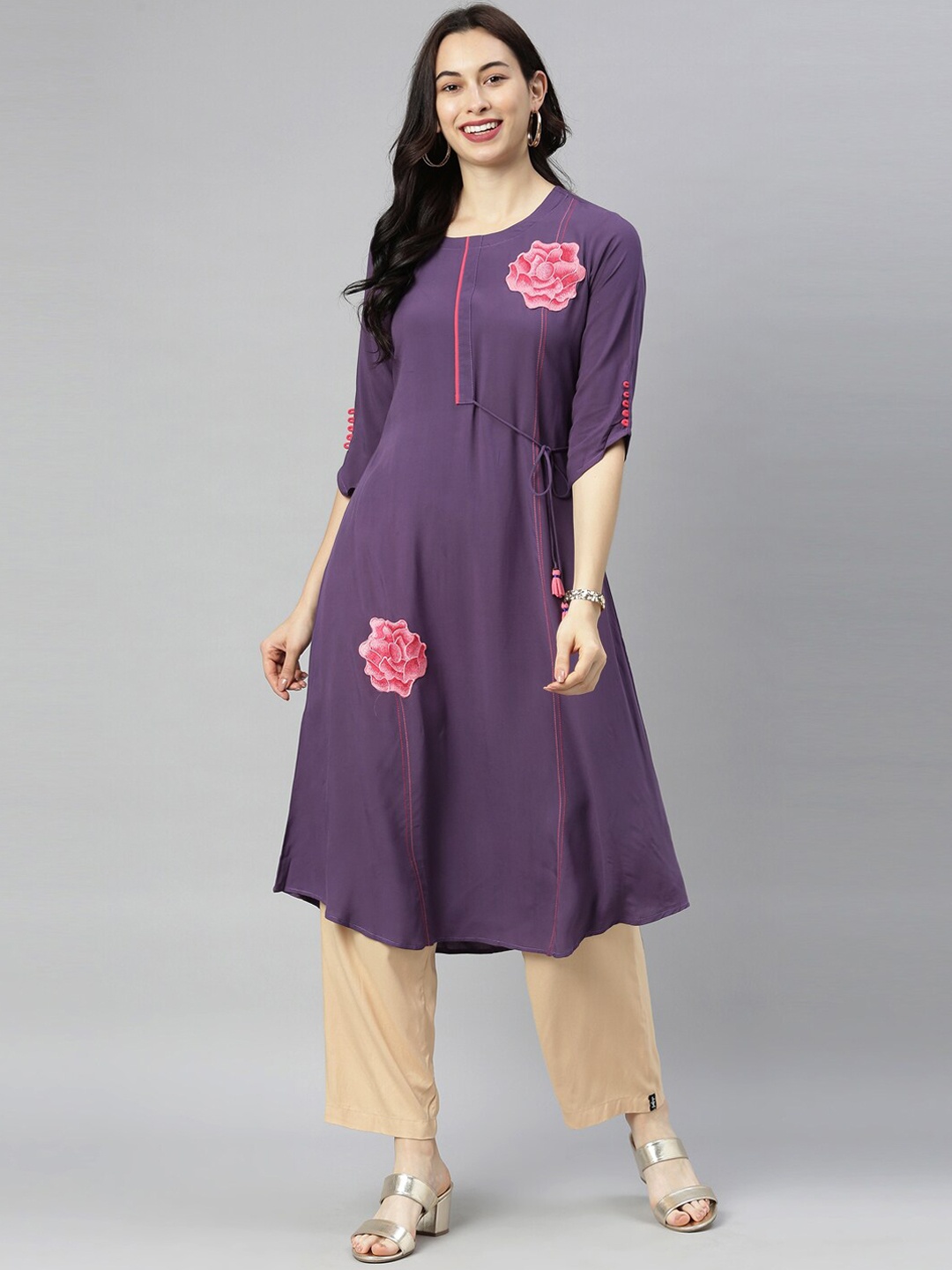 

Neerus Women Purple Embroidered Patchwork Kurta