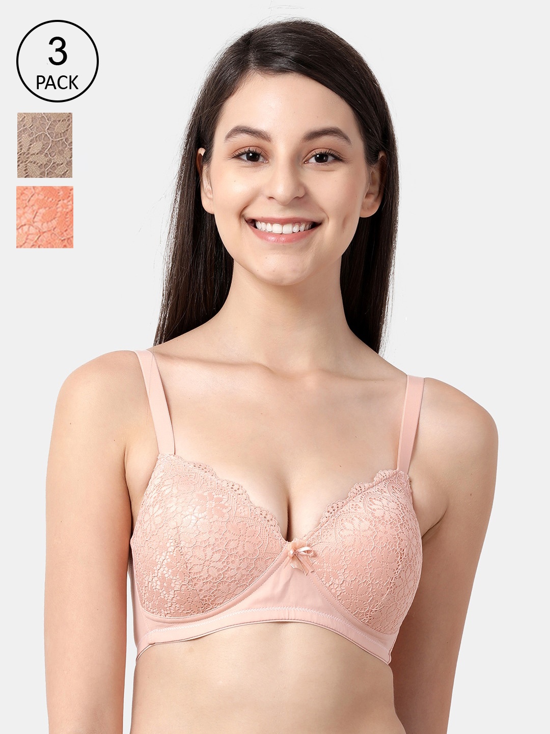 

shyaway Pink & Orange Lace Set of 3 Lightly Padded Everyday Bra taab-c3b-238-32B