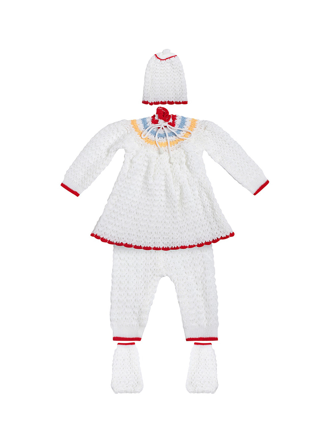 

Superminis Girls 4 Piece Set White & Red Self Design Top Trousers Beanie & Socks