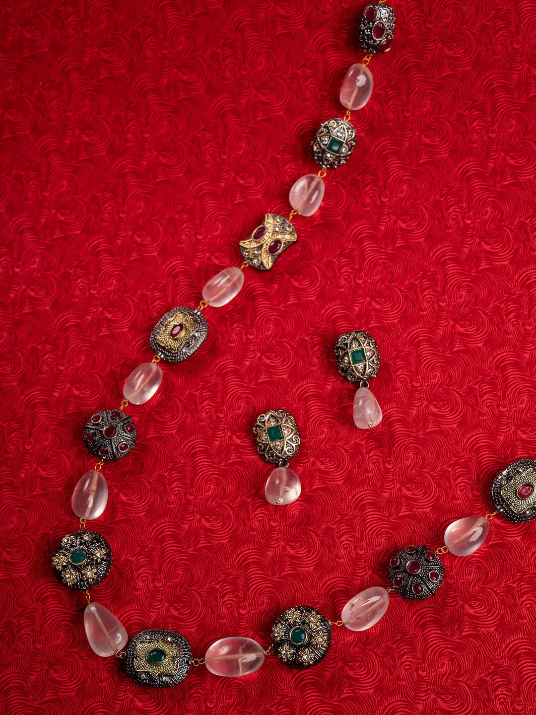 

Shoshaa Gold-Plated Pink & Green Stone-Studded Flourite Marcasite Beaded Jewellery Set