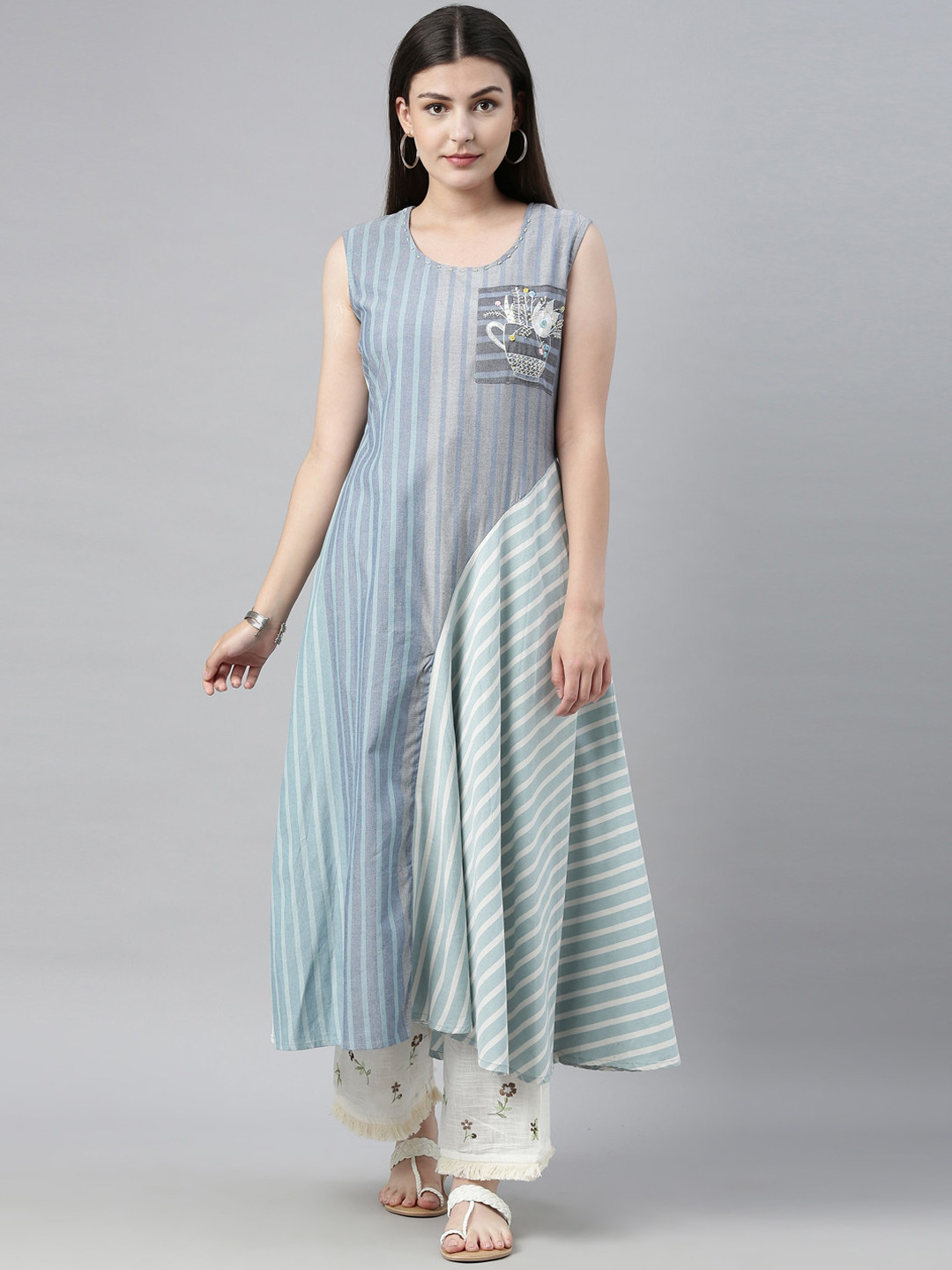 

Neerus Women Blue Striped Anarkali Kurta