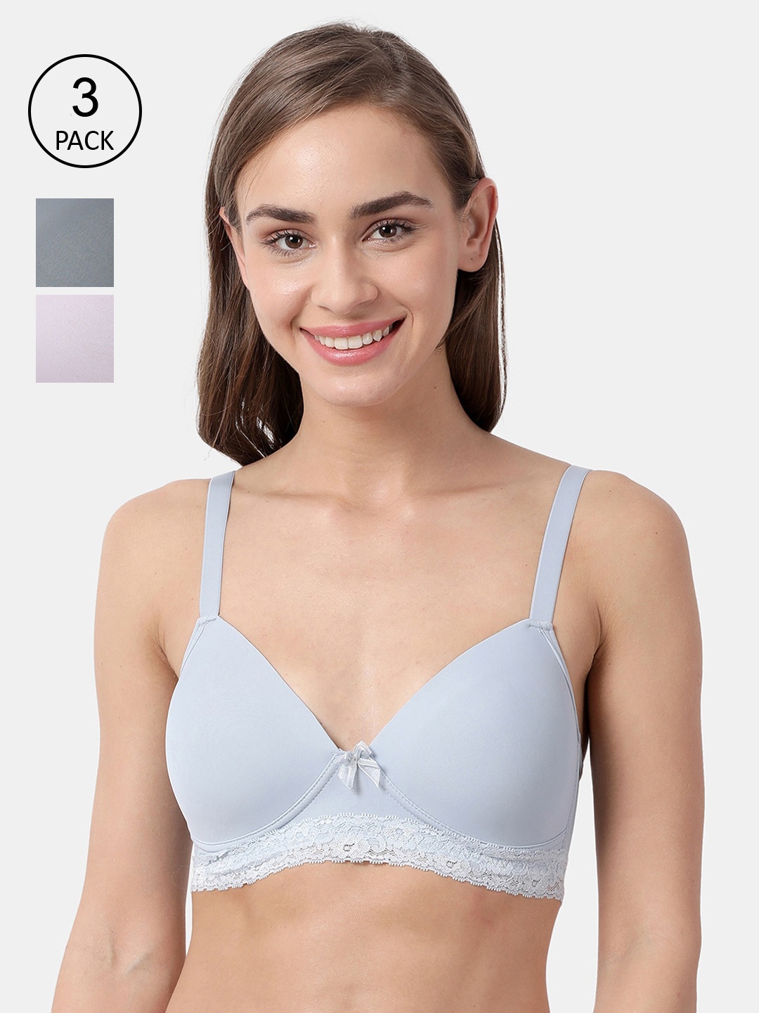 

shyaway Blue & Grey Solid Set of 3 Non-Wired Lightly Padded Everyday Bra
