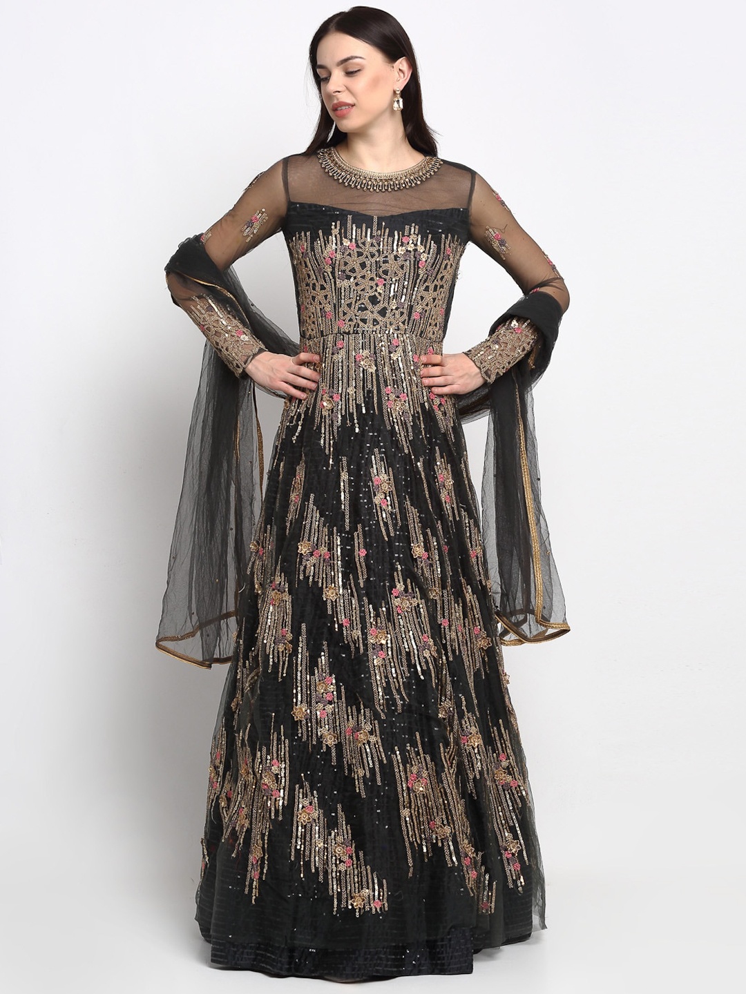 

Stylee LIFESTYLE Black & Golden Net Semi-Stitched Dress Material