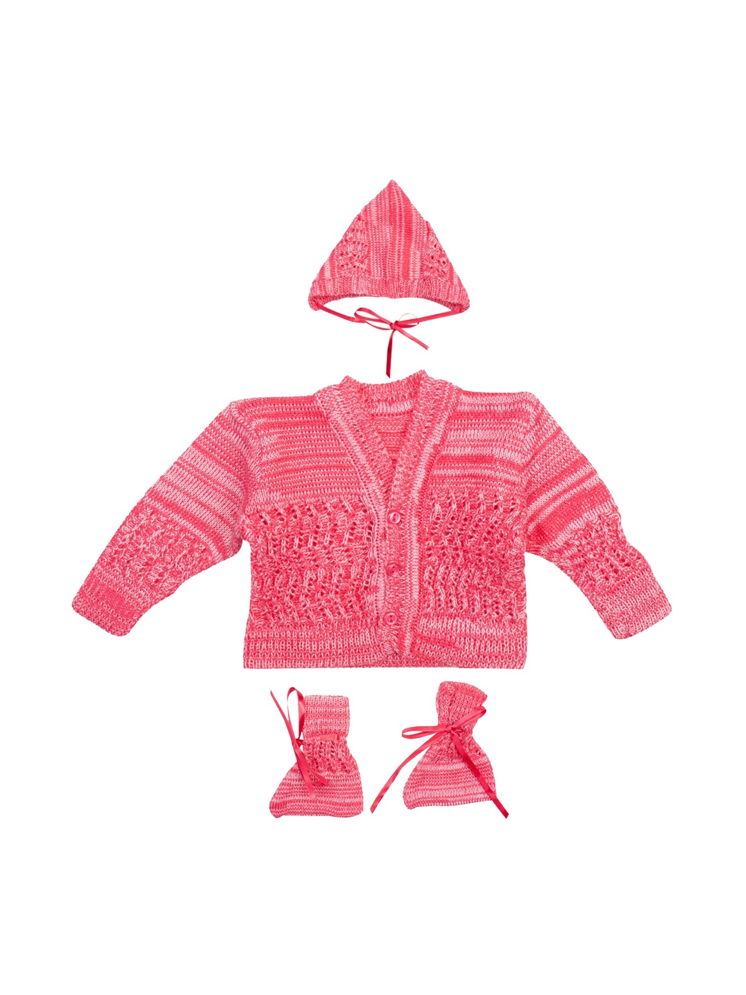 

MeeMee Unisex Kids Pink Self Design Cotton Cardigan Sweater With Caps & Booties