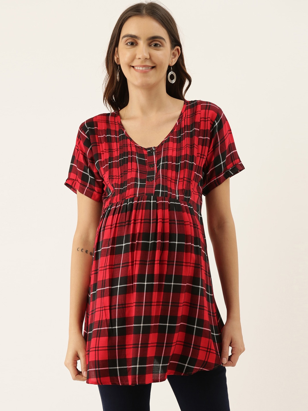 

GOLDSTROMS Women Red & Maroon Checked Maternity Tunic
