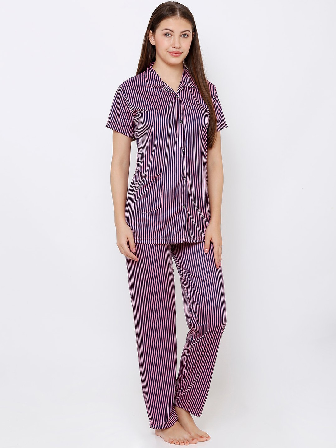 

Pretty Awesome Women Navy Blue & Pink Striped Night suit