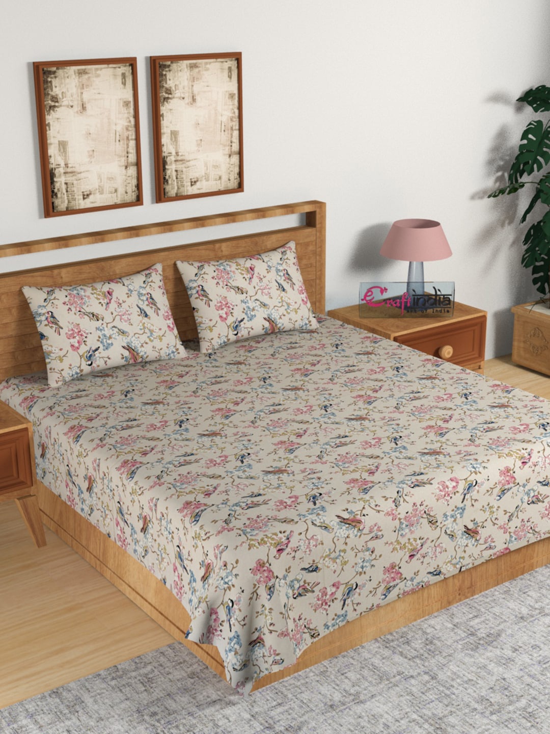 

eCraftIndia Beige & Pink Floral 180 TC Cotton 1 King Bedsheet with 2 Pillow Covers