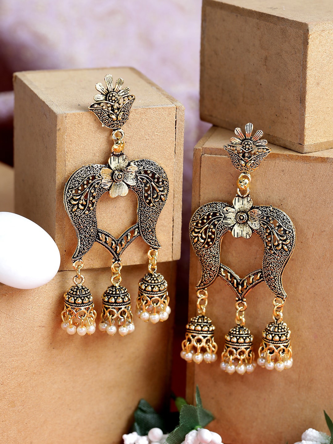 

ANIKAS CREATION Gold-Plated & Black Contemporary Jhumkas