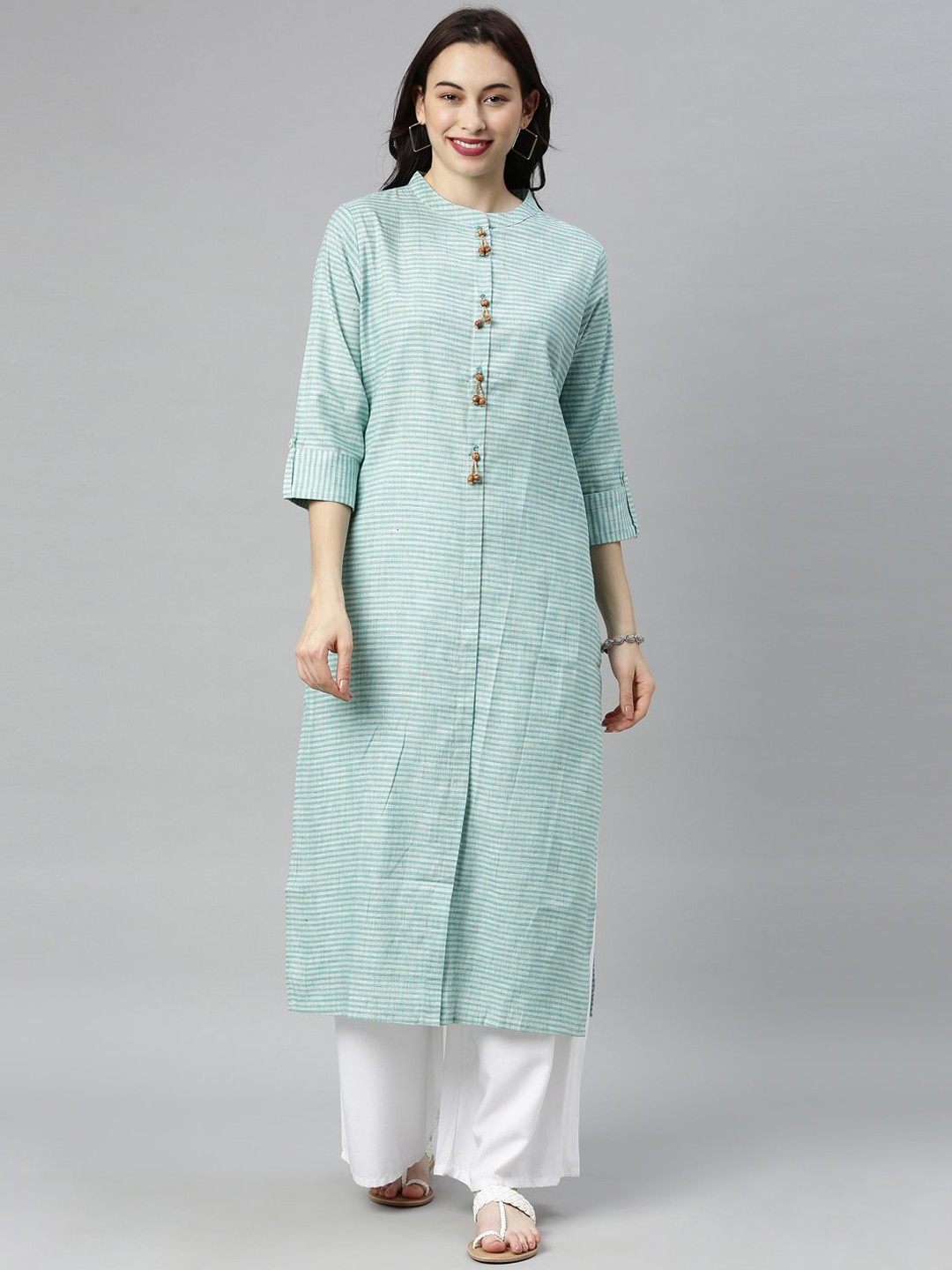 

Neerus Women Sea Green & White Striped Mandarin Collar Kurta
