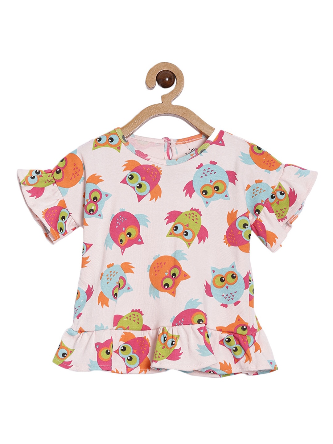 

Kryptic Girls Peach-Coloured & Orange Printed Bell Sleeves Pure Cotton Peplum Top