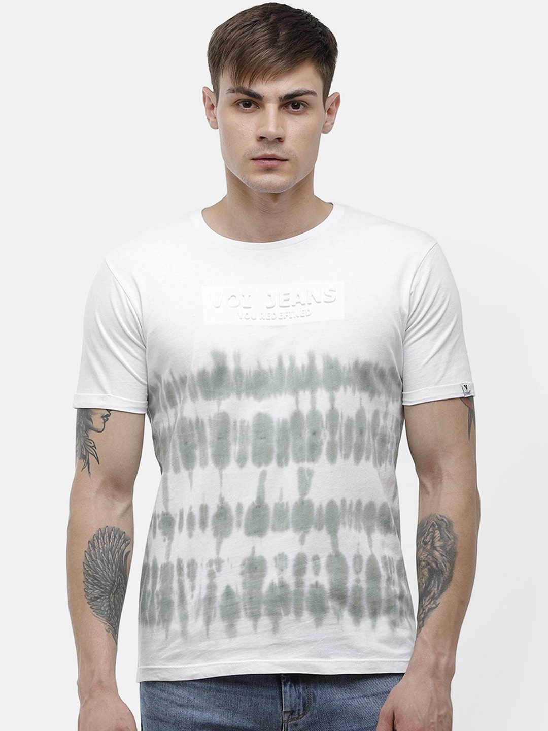 

Voi Jeans Men White Grey Dyed Round Neck Cotton Pure Cotton T-shirt
