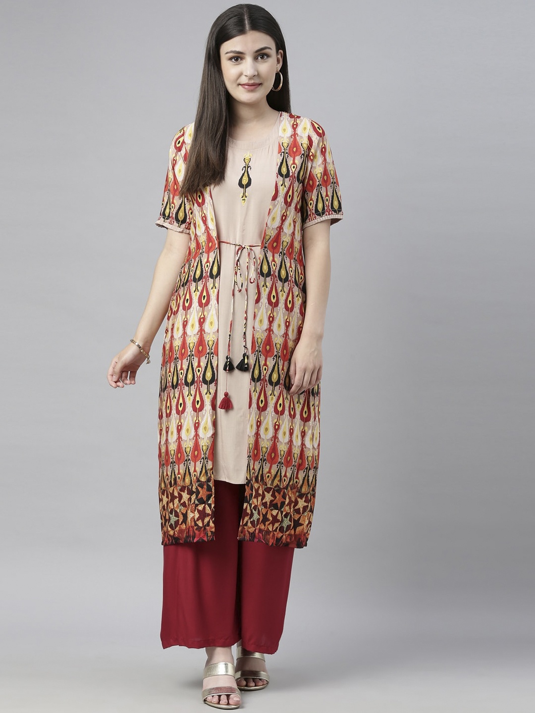 

Neerus Women Beige & Red Ethnic Motifs Printed Georgette Kurta