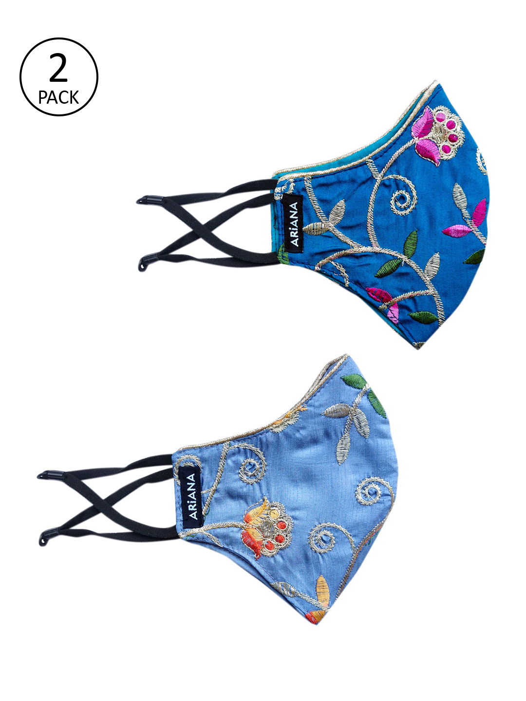 

Ariana Women Pack Of 2 Floral Embroidered 2-Ply Reusable Cloth Face Masks, Blue