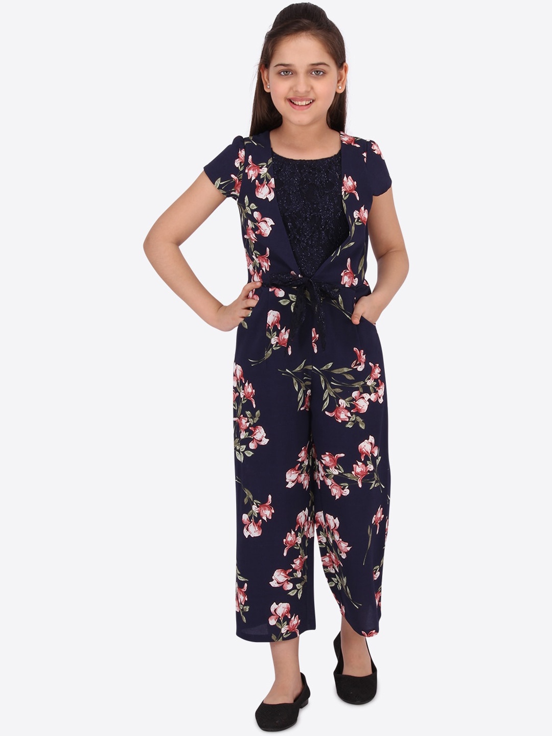 

CUTECUMBER Girls Navy Blue & Pink Printed Culotte Jumpsuit