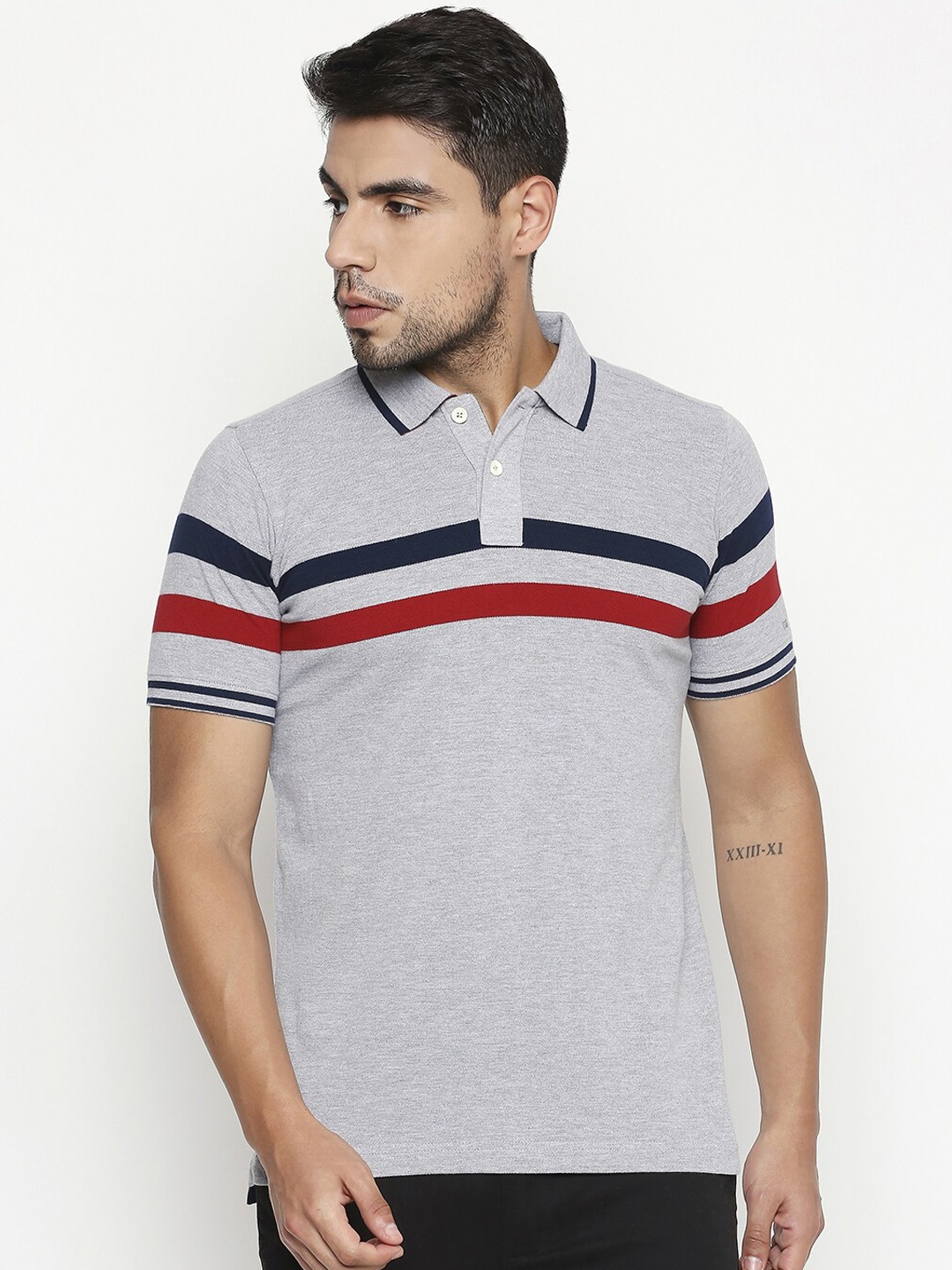 

Basics Men Grey Striped Polo Collar T-shirt
