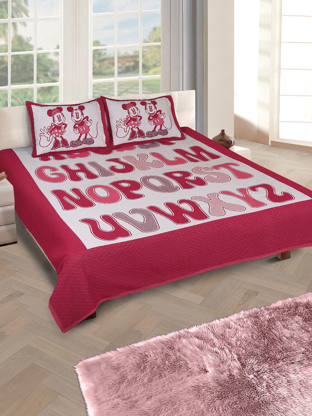 

ROMEE Maroon & White Cartoon Characters Printed 400 TC Queen Bedsheet With 2 Pillow Covers