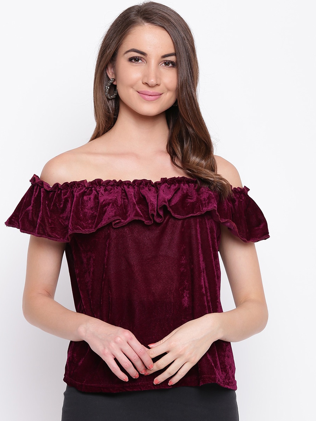 

Mayra Maroon Off-Shoulder Flutter Sleeves Velvet Bardot Top