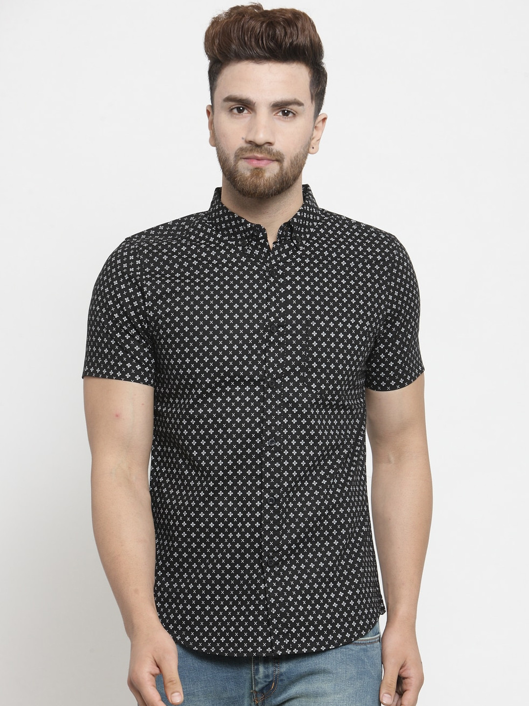 

Purple State Men Black & White Slim Fit Printed Casual Shirt