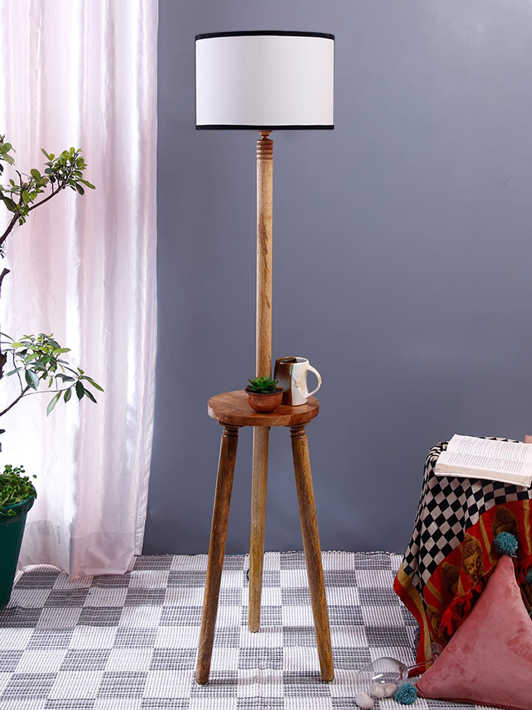 

Devansh White & Black Solid Cotton Drum Shade Wooden Natural Tripod Lamp