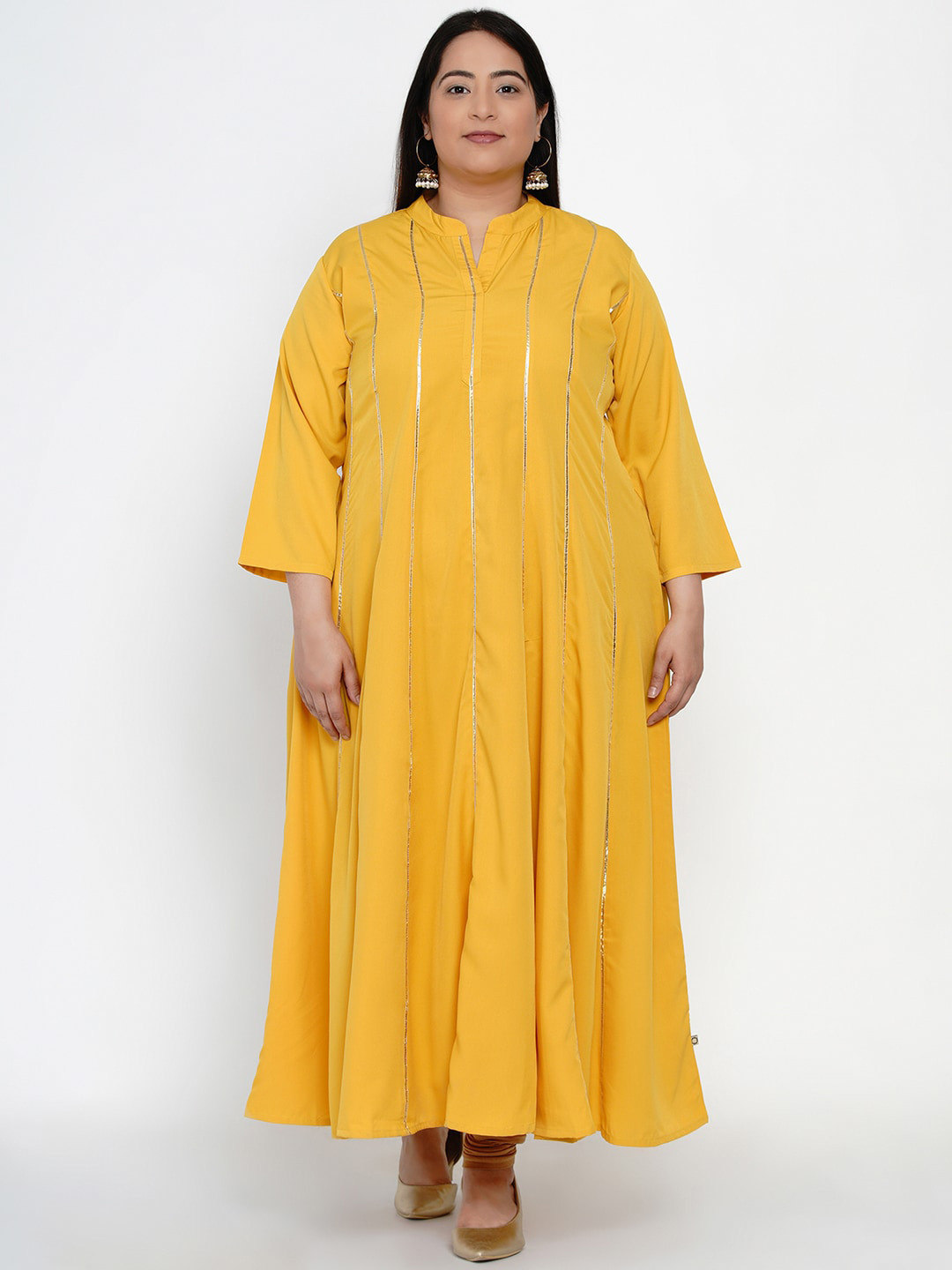 

Fabnest Curve Women Yellow & Gold-Toned Striped Thread Work Crepe Anarkali Kurta