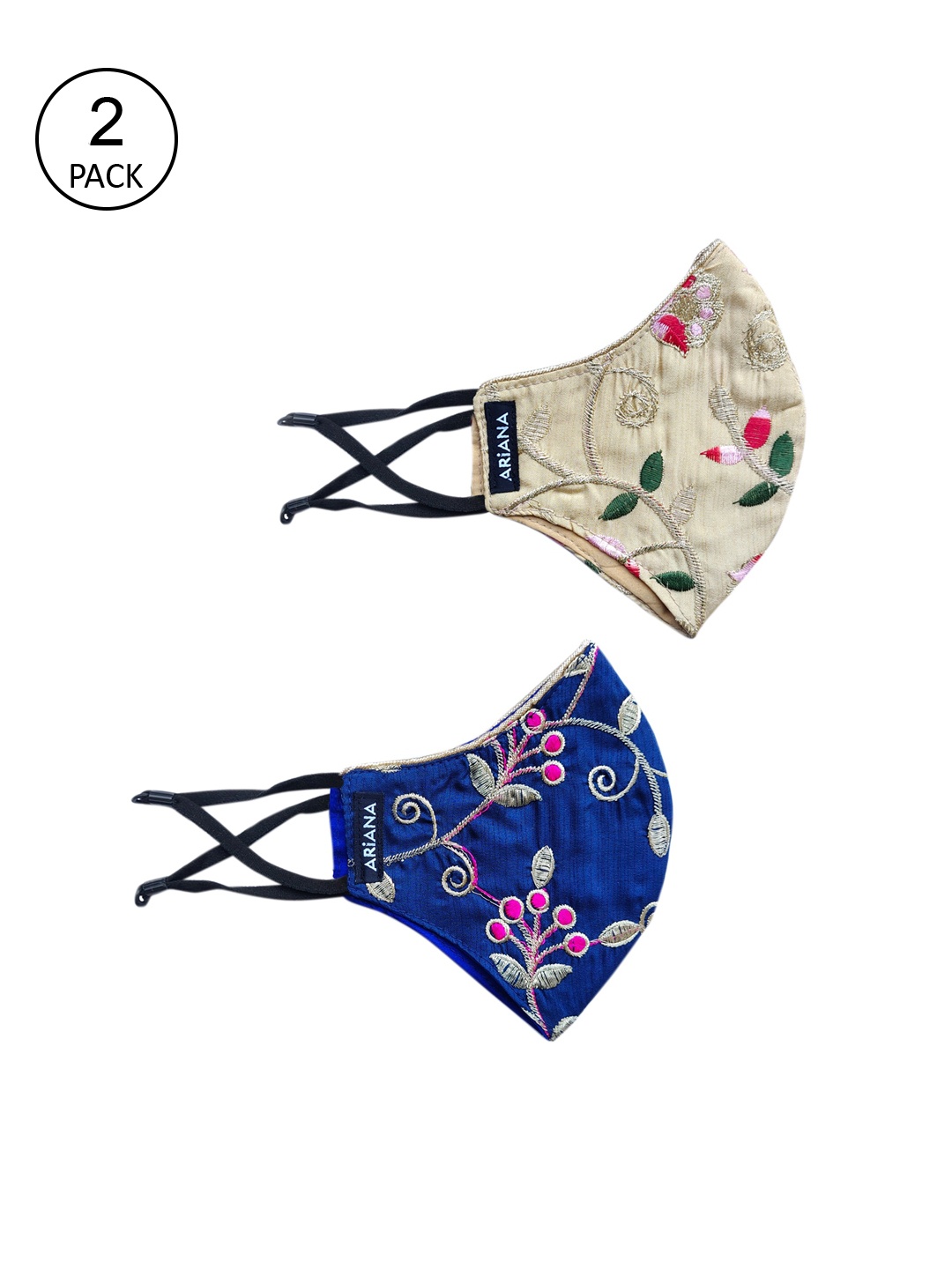 

Ariana Pack Of 2 Floral Embroidered 2-Ply Cloth Masks, Gold