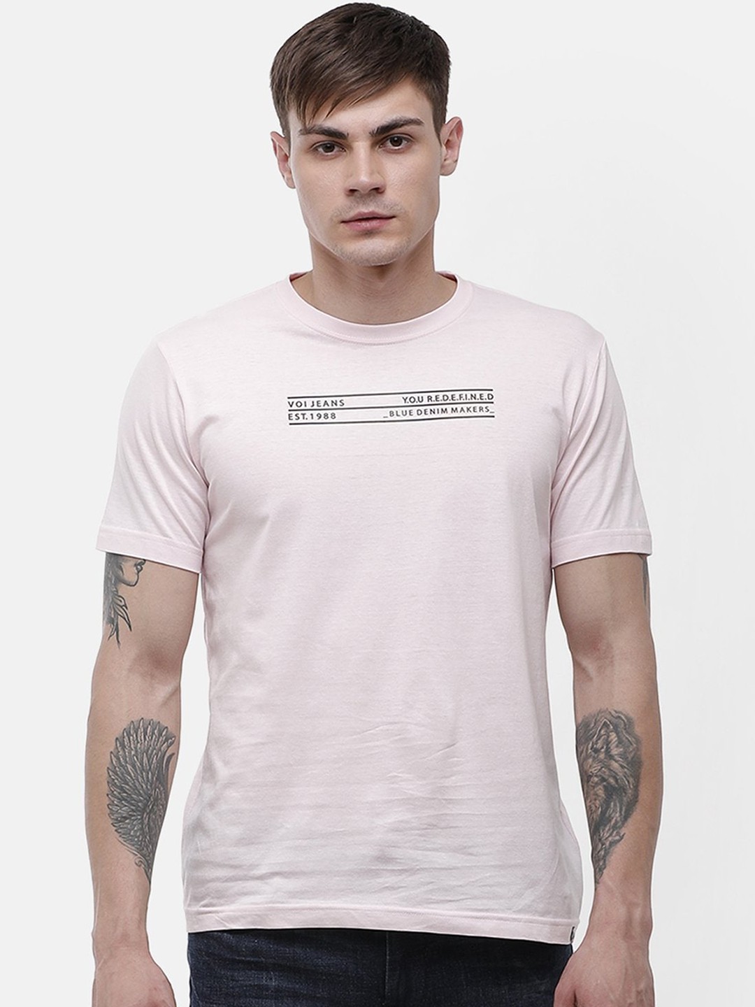 

Voi Jeans Men Pink Printed Round Neck Cotton Pure Cotton T-shirt