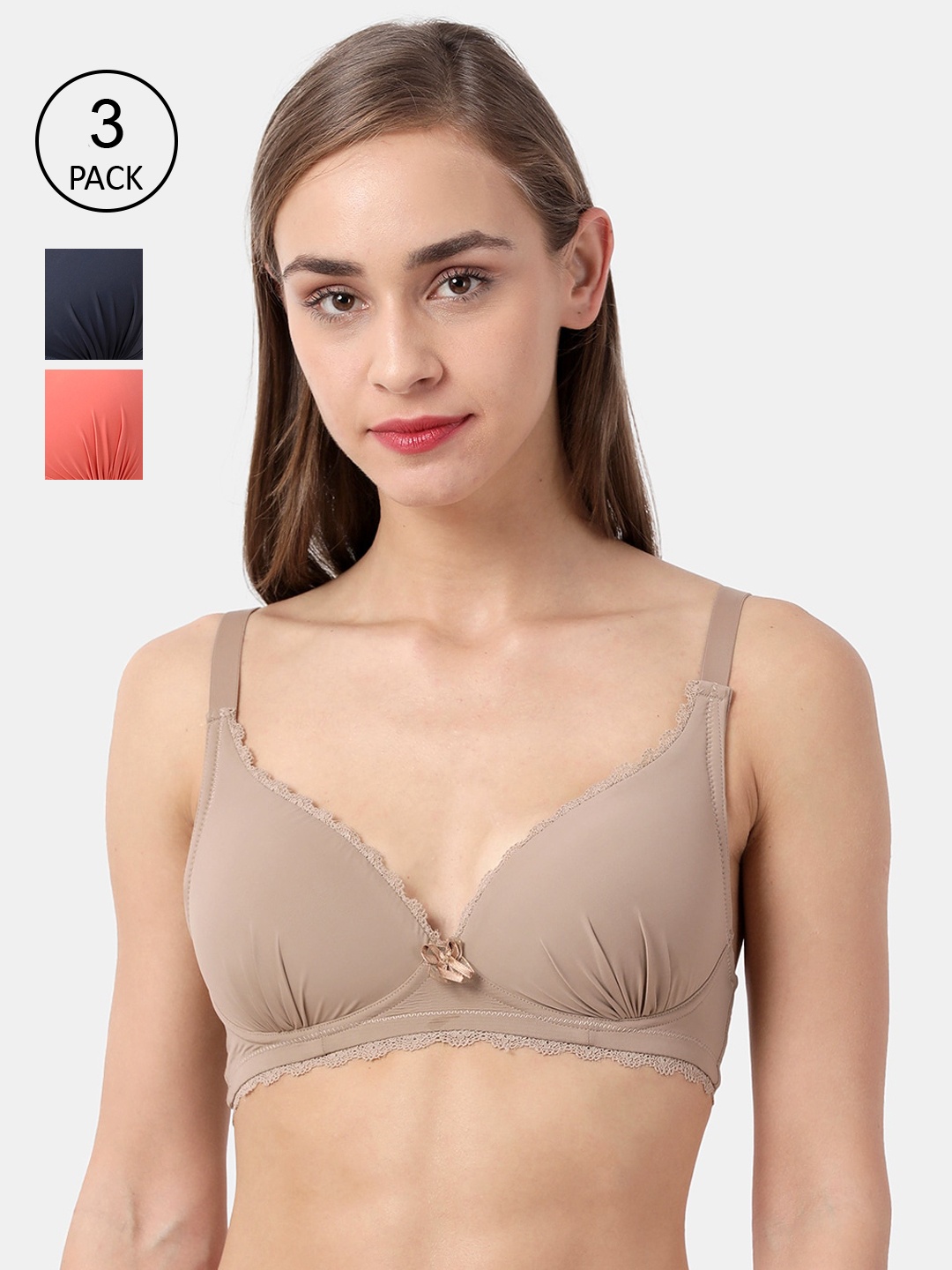 

shyaway Tan & Orange Solid Set of 3 Non-Wired Lightly Padded Everyday Bra