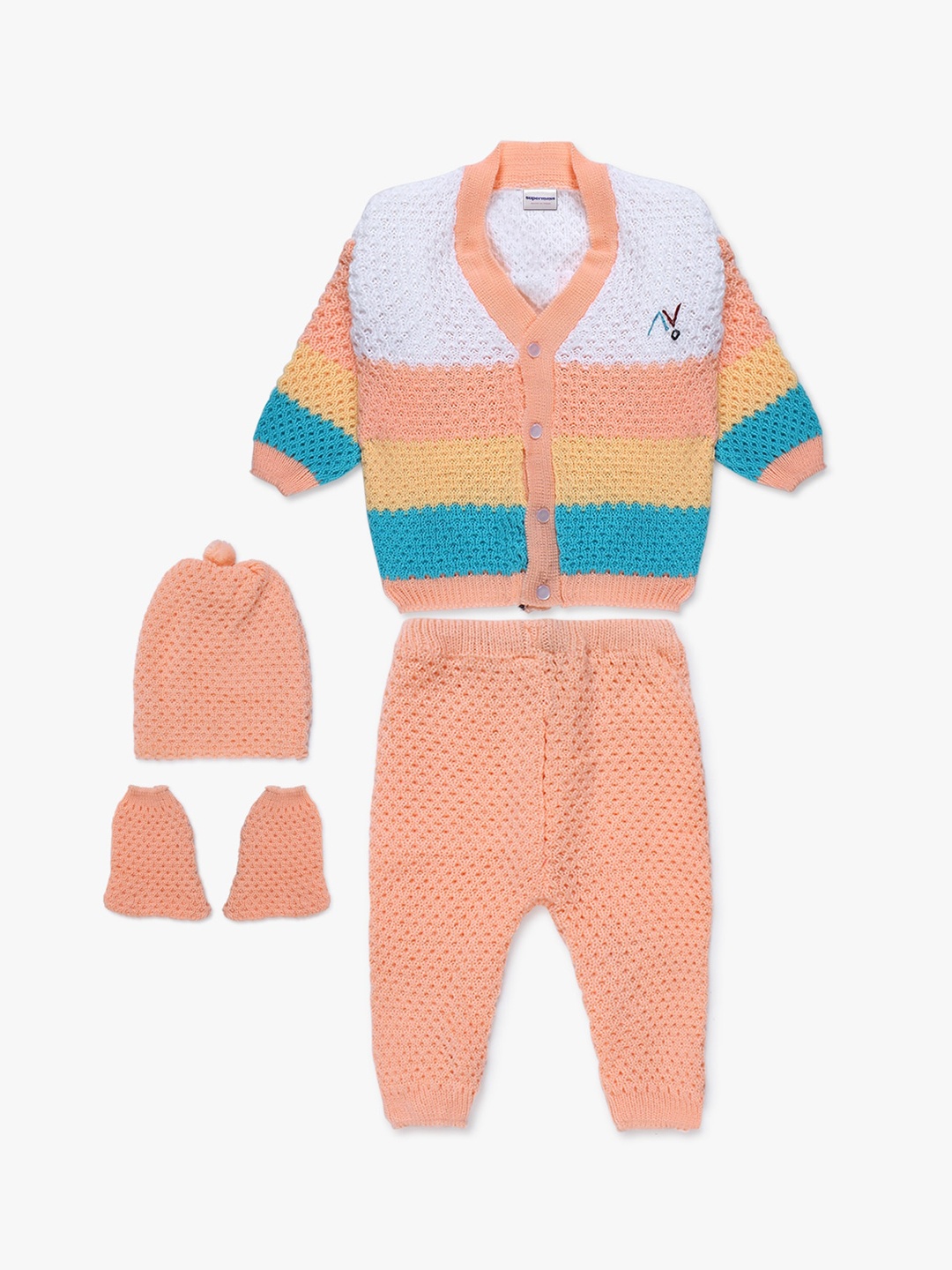 

Superminis Unisex Kids Peach-Coloured & White Striped Top with Trousers, Cap & Booties