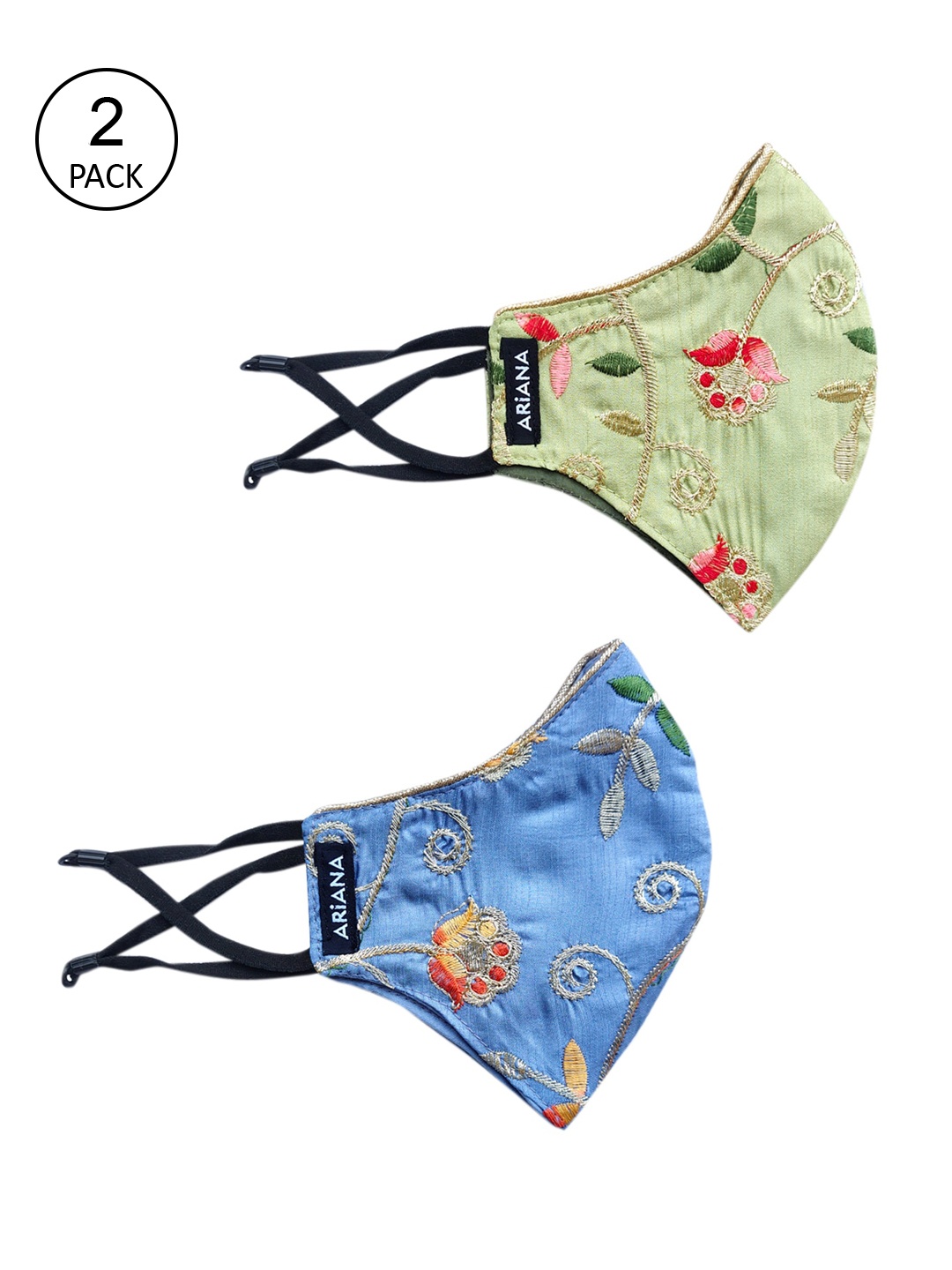 

Ariana Women Pack Of 2 Intricate Floral Embroidered Reusable 2-Ply Cloth Masks, Blue
