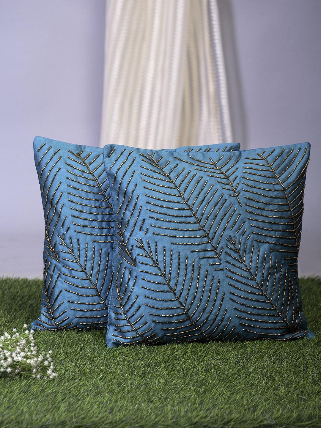

Alina decor Teal & Gold-Toned Set of 2 Embellished Square Cushion Covers