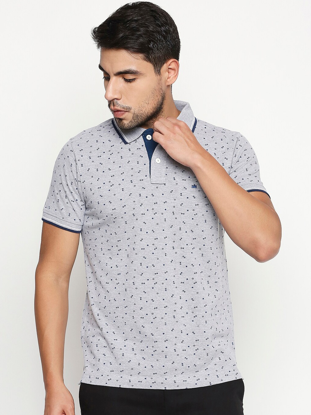 

Basics Men Grey Printed Polo Collar T-shirt