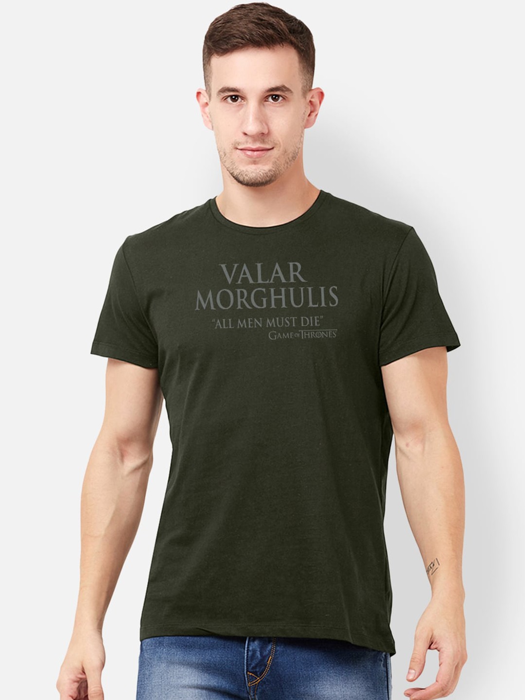 

Free Authority Men Olive Green Grey Game Of Thrones Print Round Neck Pure Cotton T-shirt