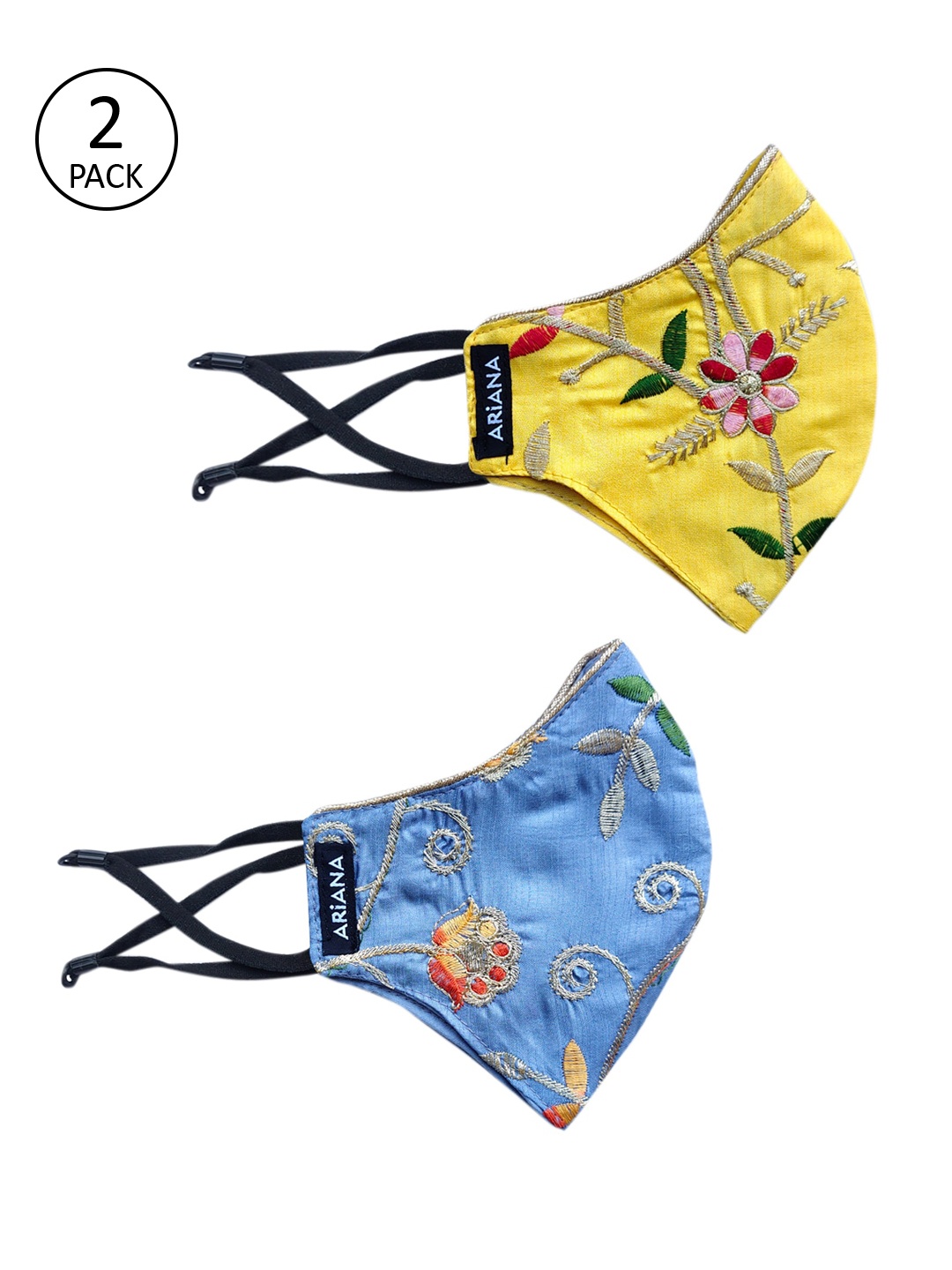 

Ariana Women Pack Of 2 Intricate Floral Embroidered 2-Ply Reusable Cloth Masks, Blue