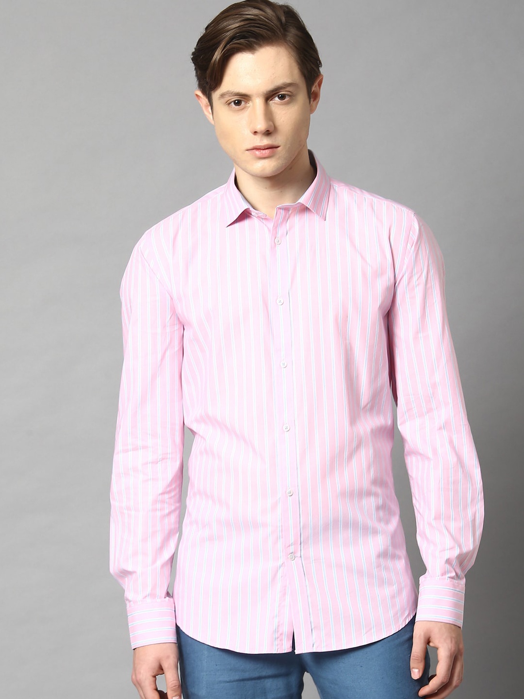 

HARSAM Men Pink & Blue Slim Fit Striped Casual Shirt