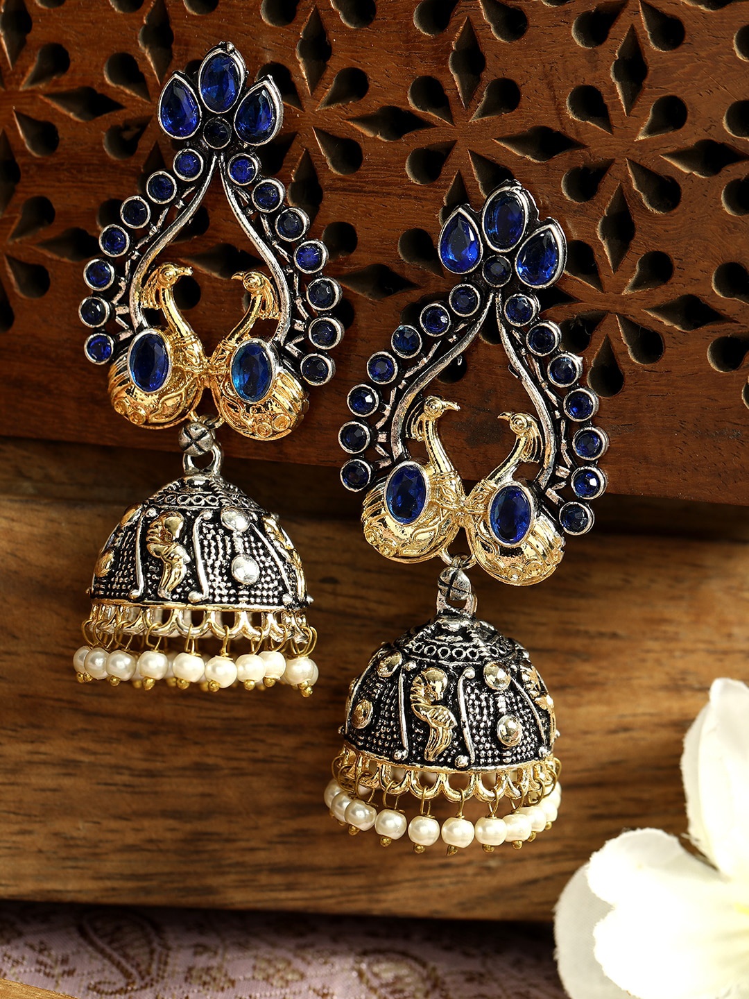 

ANIKAS CREATION Gold-Toned Peacock Shaped Jhumkas