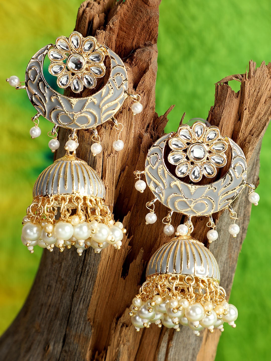 

ANIKAS CREATION Grey & Gold-Plated Dome Shaped Jhumkas