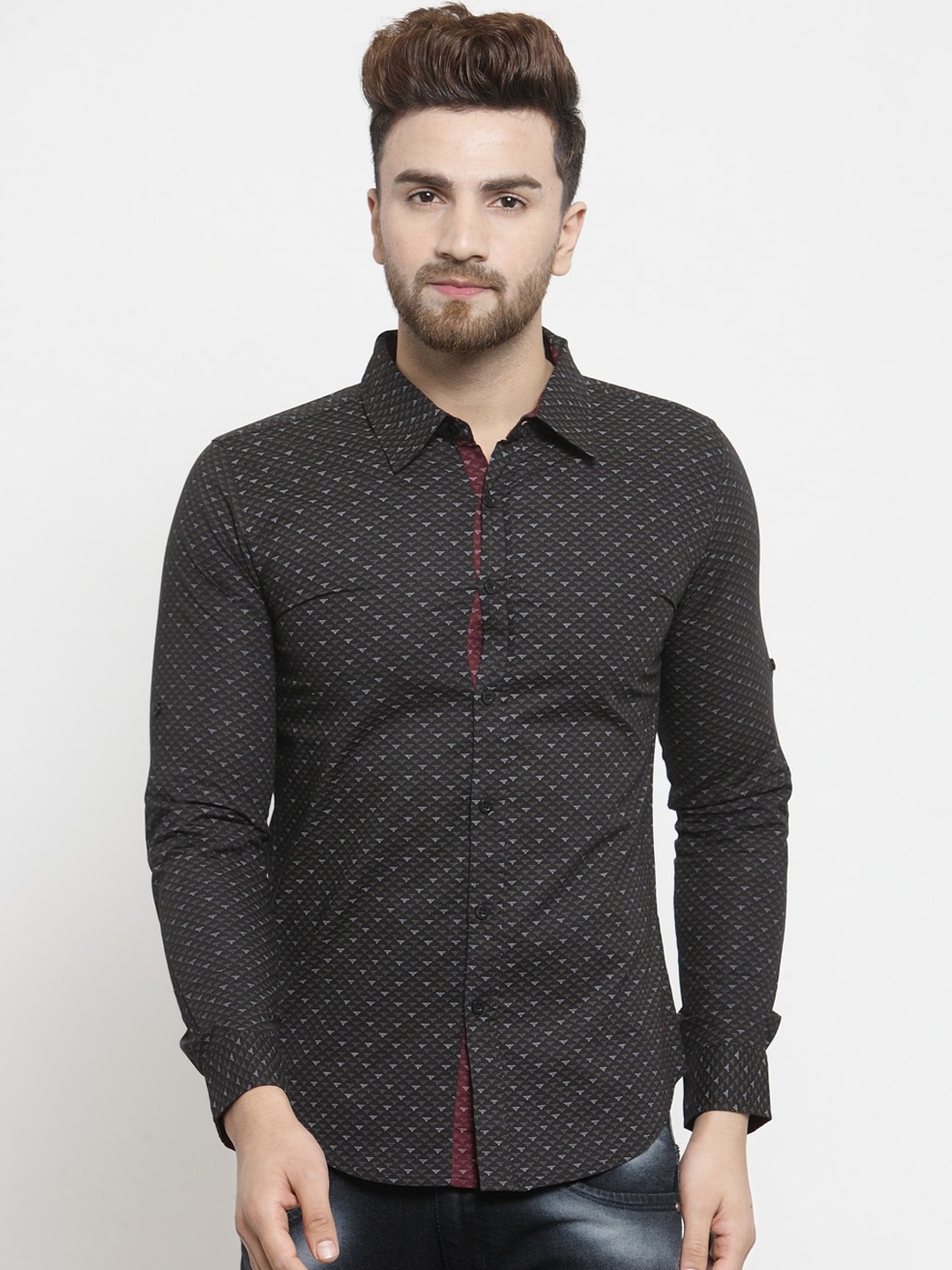 

Purple State Men Black & Grey Slim Fit Printed Casual Shirt