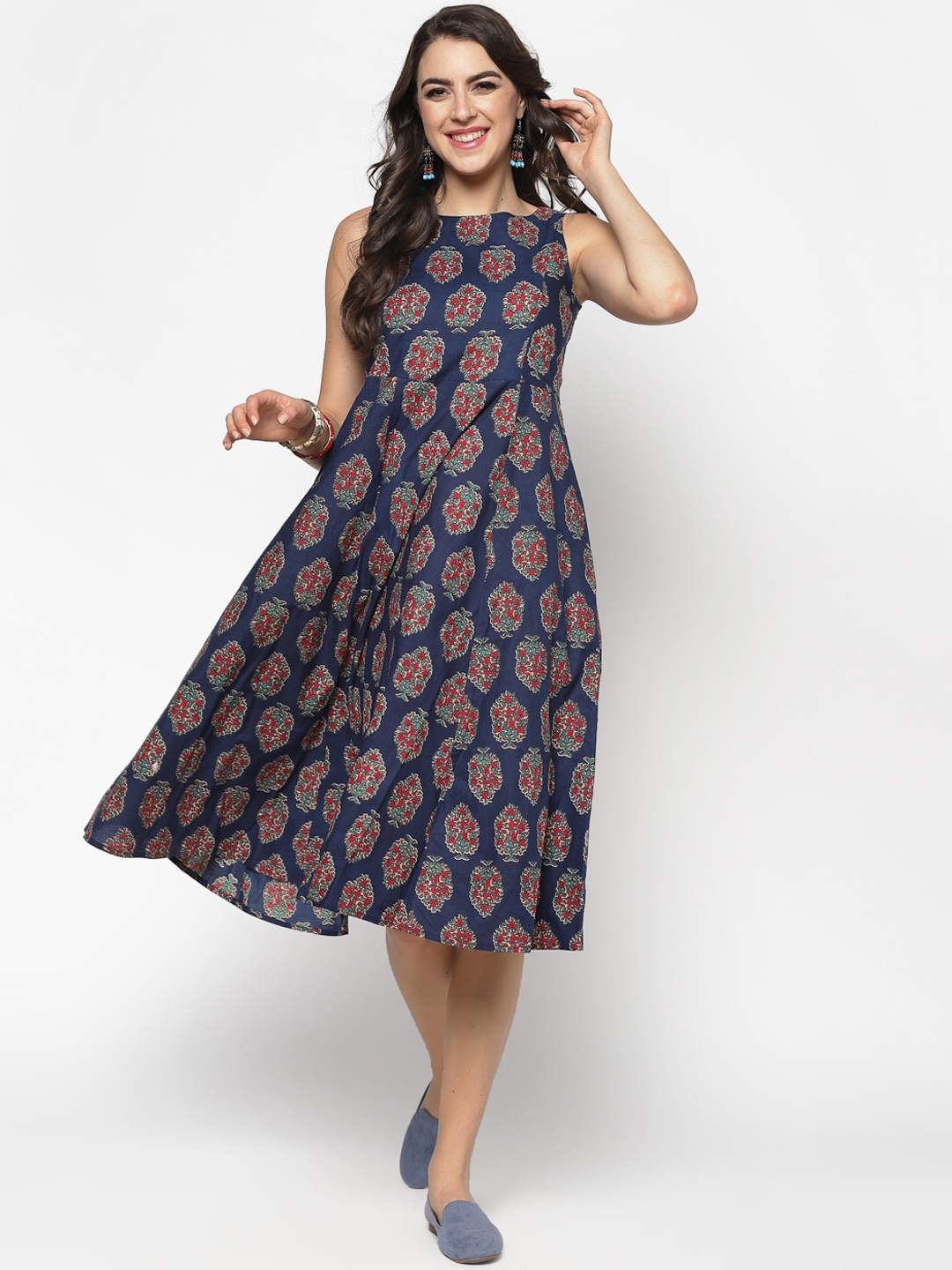 

Sera Women Navy Blue & Red Printed Fit and Flare Dress