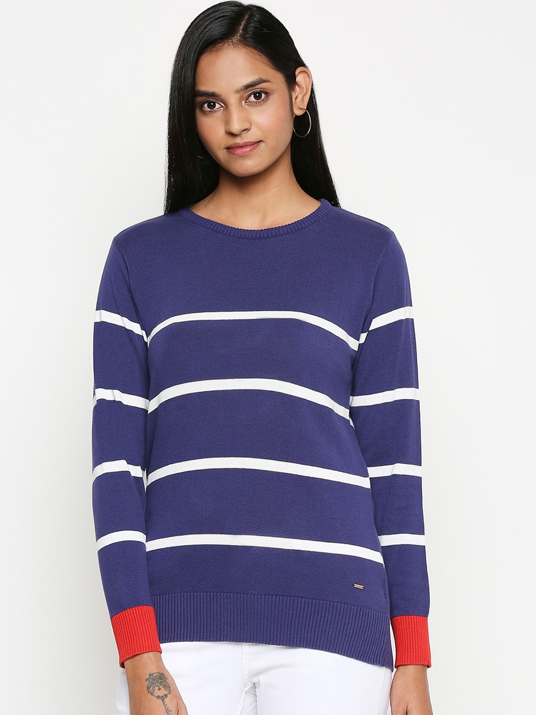 

People Women Navy Blue Striped Pullover Sweater