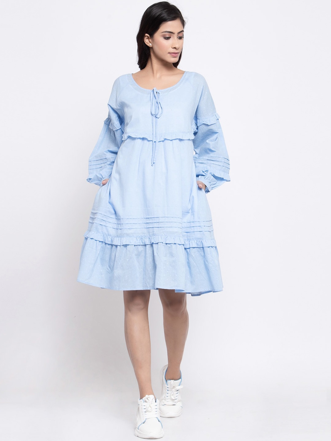 

TERQUOIS Women Blue Solid Cotton Layered Fit and Flare Dress