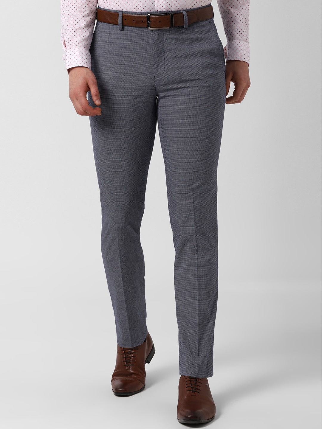 Peter England Men Grey & White Slim Fit Self Design Formal Trousers