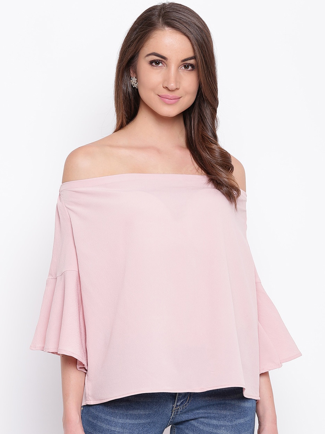 

Mayra Pink Off-Shoulder Flared Sleeves Crepe Bardot Top