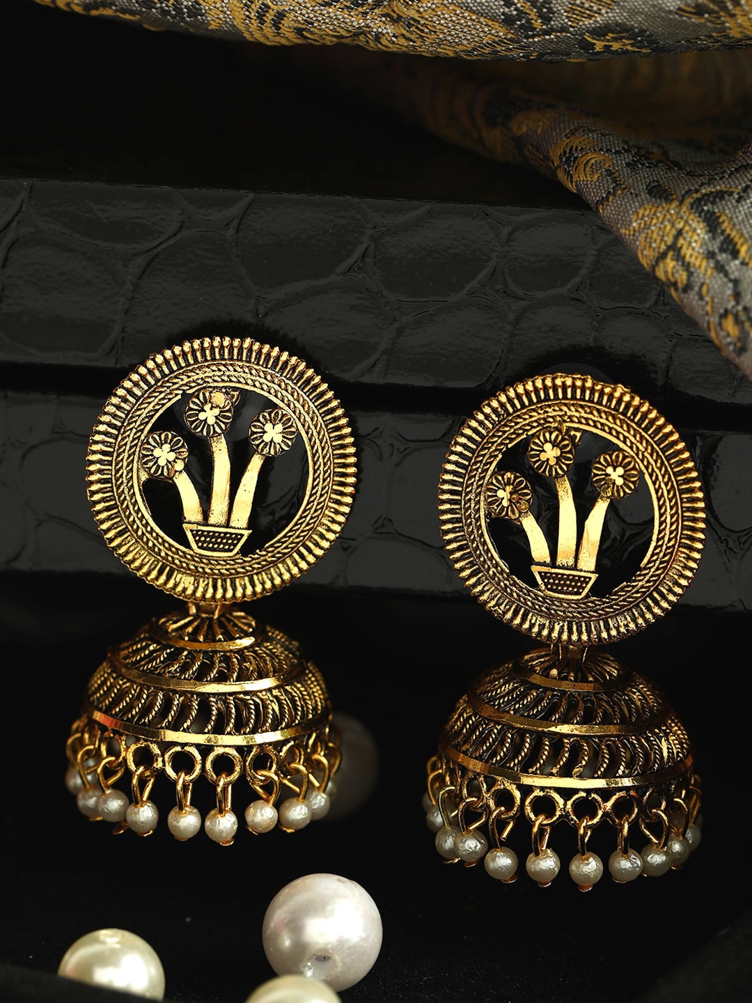 

ANIKAS CREATION Gold-Plated Black Oxidised Dome Shaped Jhumkas