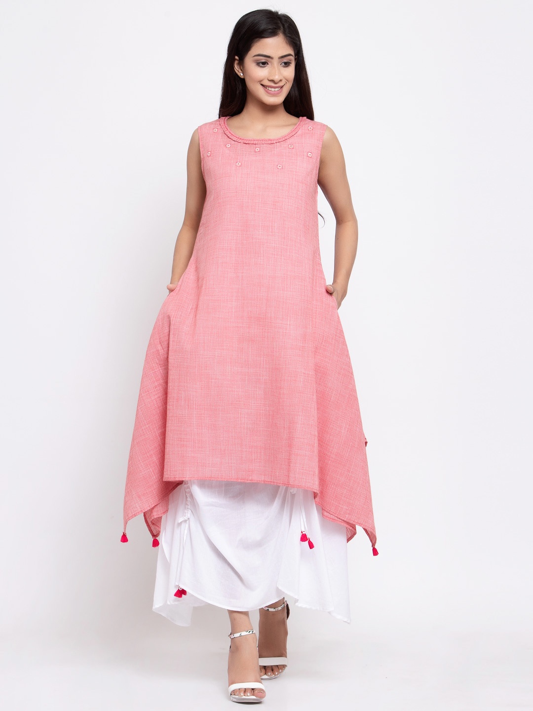 

TERQUOIS Women Red Solid Cotton Layered Maxi Dress