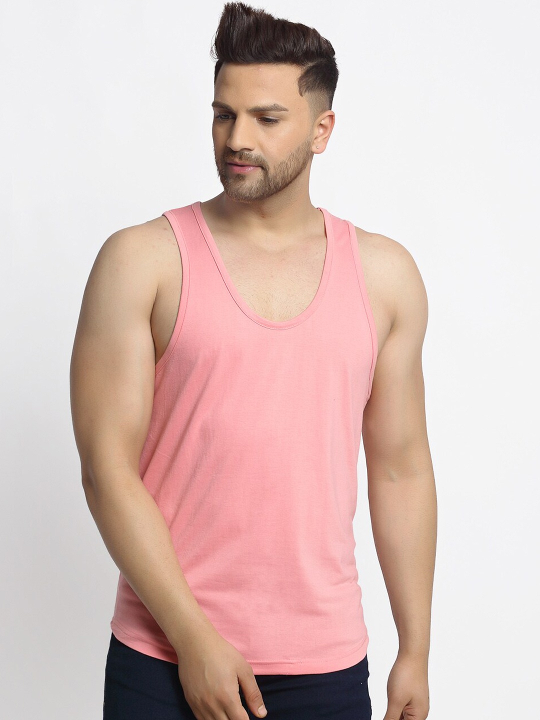 

Friskers Men Coral Pink Solid Cotton Gym Vest