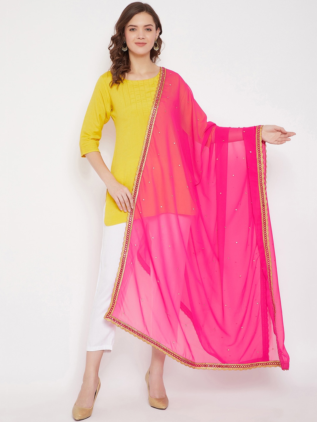 

Bitterlime Pink & Gold-Toned Solid Dupatta